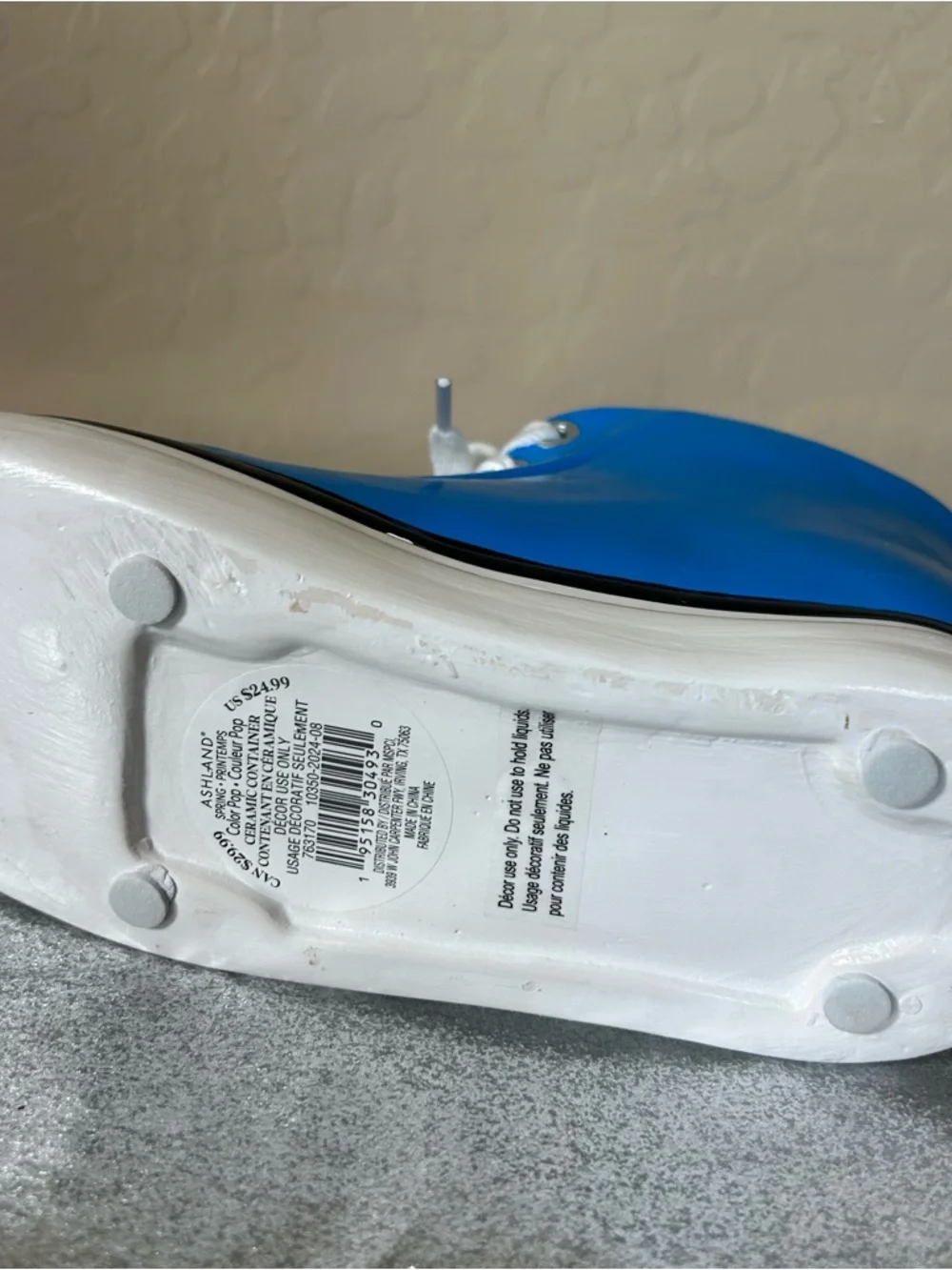 Decor! Ceramic Blue High-Top Sneaker w/ White Laces decoration vase fun room EUC - Picture 4 of 8